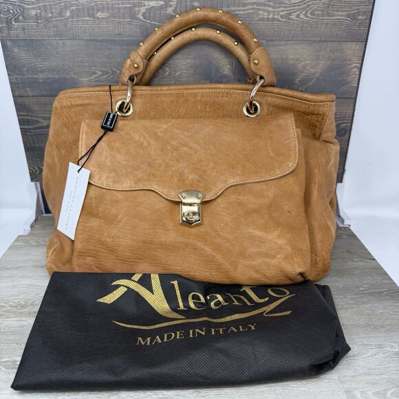 Aleanto Collezioni Italy Camel Leather Satchel Purse Handbag Studded Handle Read - Picture 1 of 15